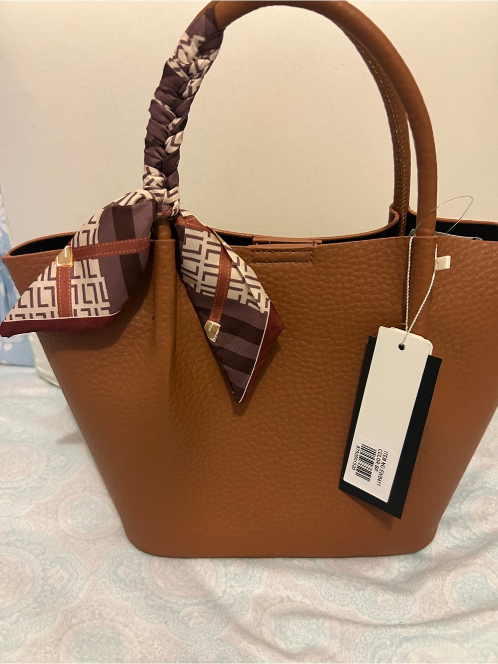 & Other Stories Tan Pebbled Leather Tote with Scarf-Wrapped Handle